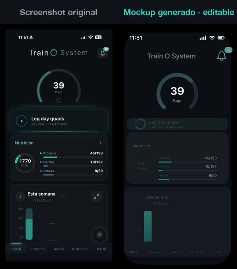 Side-by-side comparison: on the left the original fitness-app screenshot; on the right the editable mockup the converter generates, with the gauge, macro rows, chart and tab bar rebuilt