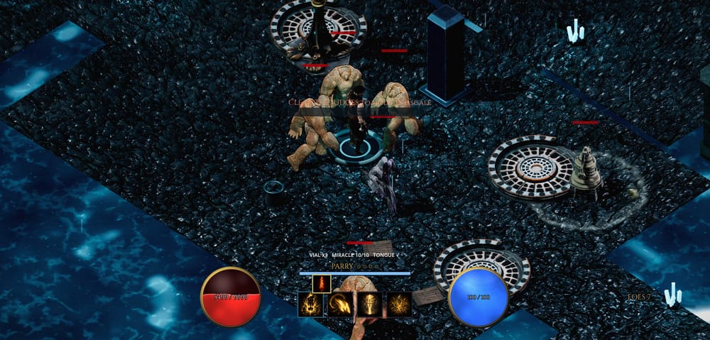 Combate contra varios enemigos sobre una plataforma oscura rodeada de agua, con la barra de parry activa en la interfaz.
