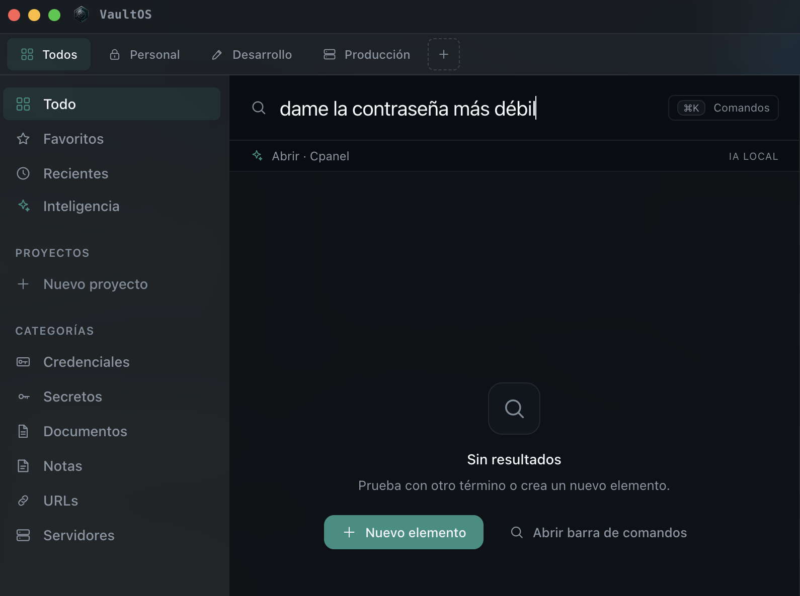 Barra de búsqueda de VaultOS con la frase 'dame la contraseña más débil' y debajo la sugerencia de la IA local: Abrir · Cpanel